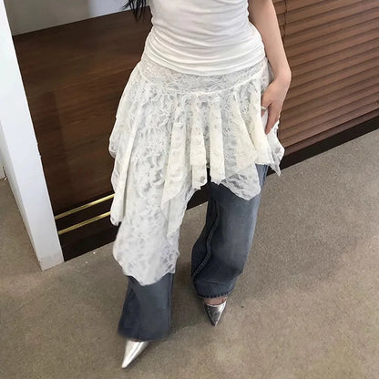 Asymmetrical Lace Skirt Pants Women High Waist Layered Skirt Y2k Japanese Vintage Jacquard Short Skirt 2025 Spring Clothing