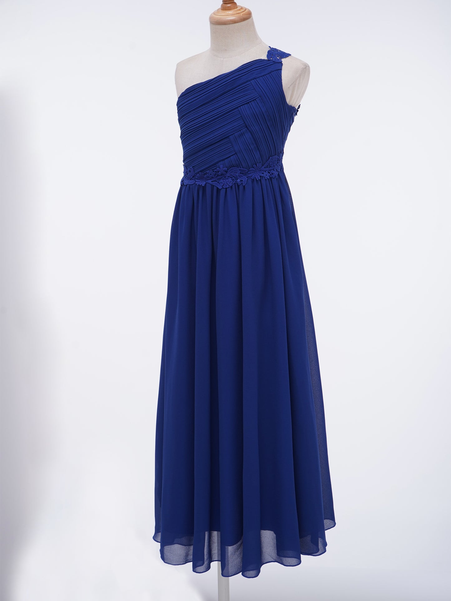 Mädchen Hochzeit Brautjungfer Kleid One Shoulder Elegante Guipure-Spitze Geraffte Chiffon Maxi Party Kleider Geburtstag Abend Abendkleid