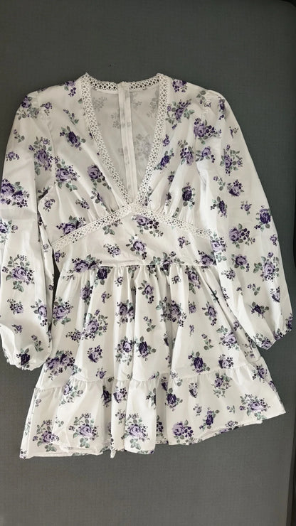 Frühling Herbst frauen Neue Kleid Temperament Süße Druck V-ausschnitt Laterne Hülse Spitze Hohe Taille Kurzes Kleid.