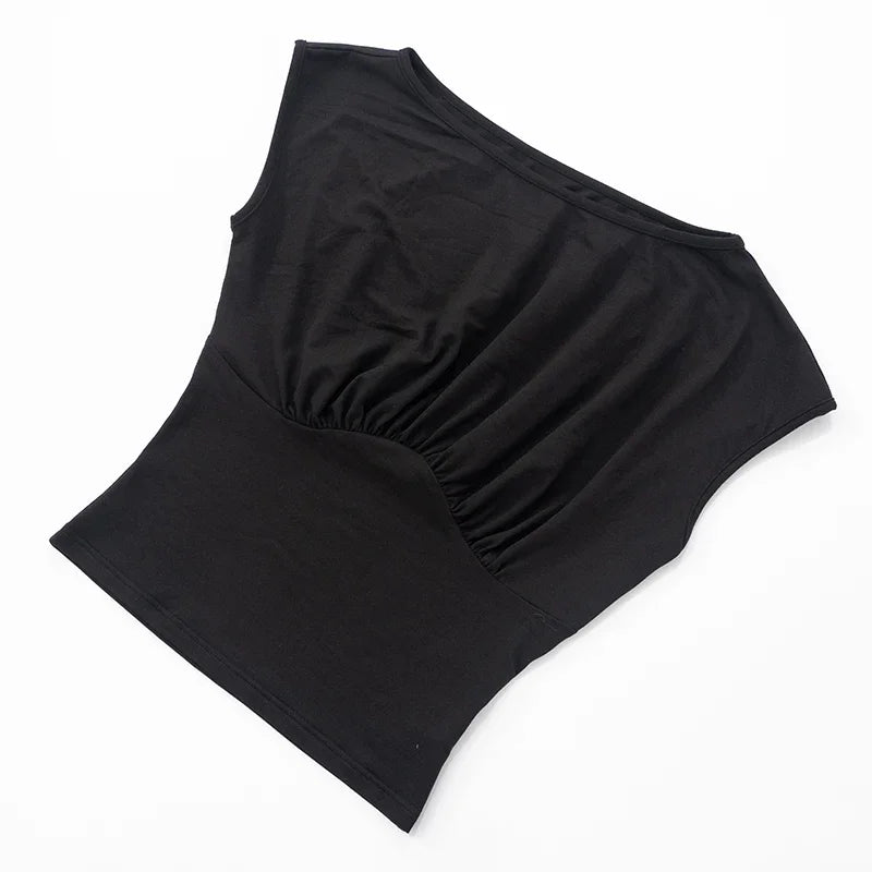 Solid Color One Shoulder Slant Neck Waist Shrinking Pleated Tank Top Women'S Summer New Casual Simple Fashion Tank Top.