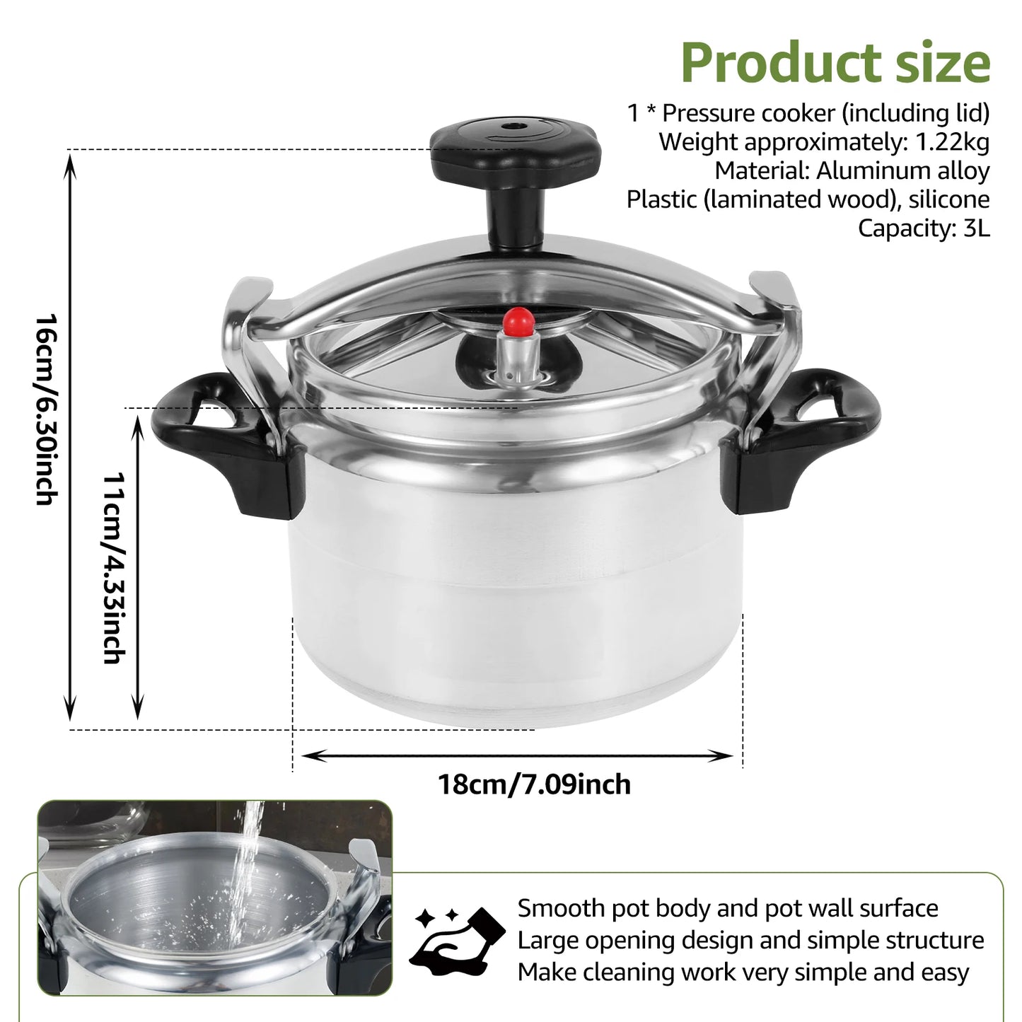 3-liter pressure cooker Aluminum alloy material with safety valve Anti scald handle for safe cooking Kitchen cookware accessory.