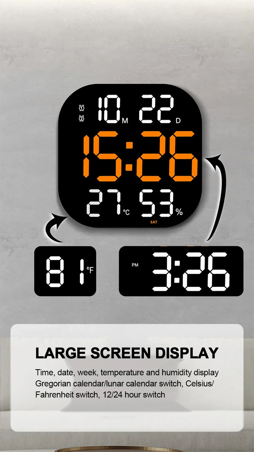 13 Zoll LED große digitale Wanduhr mit Fernbedienung TEMP Luftfeuchtigkeit Woche Auto Dimmer 12/24H Wecker für Home Office Dekor