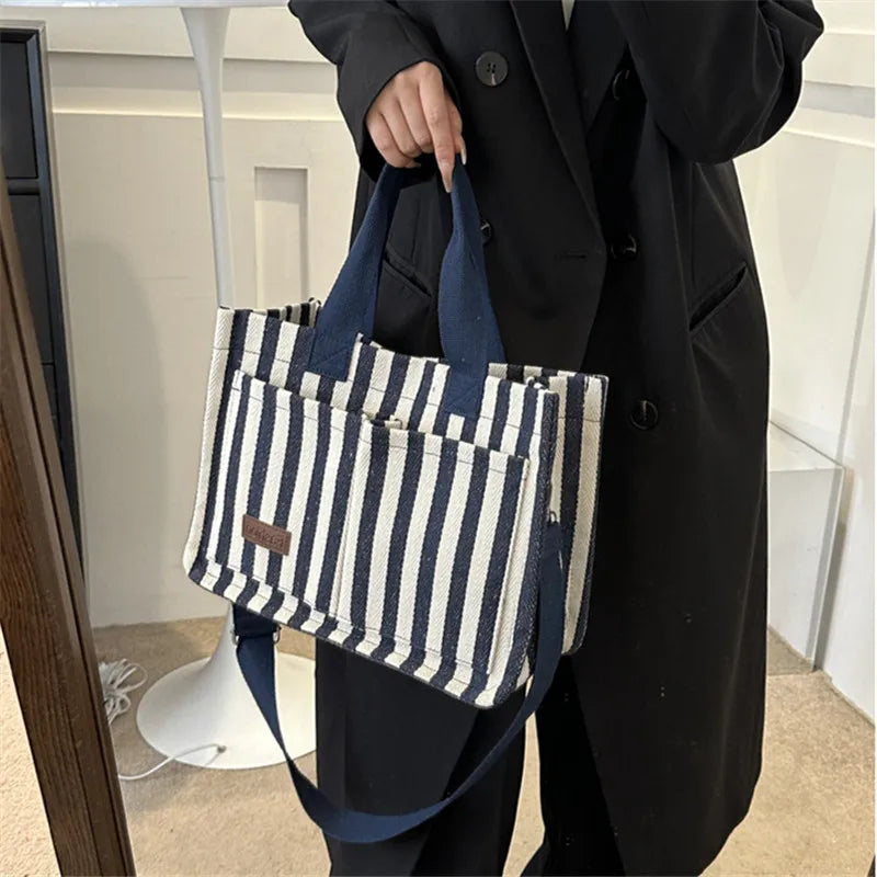 Cool Street Handbag, Large Capacity Women's Shoulder Bag, Trendy Striped Canvas Crossbody Bag, Fashion Travel Shopping Tote Bag.
