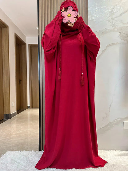 Muslim Abaya Solid Cotton Pullover Two Hat Women Eid Hooded Long Maxi Dress Turkey Kaftan Arab Robe Islamic Hijab Dubai Clothing.