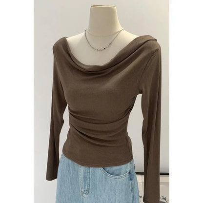 Off-The-Shoulder Long Sleeve T-Shirt Women's Early Autumn New Slimming Design Korean Style Sweet And Spicy Fashion Tops.