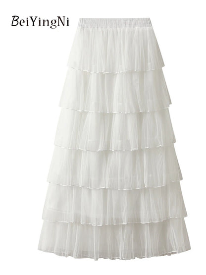 Beiyingni Woman Mesh Long Midi Cake Skirt Solid Color Elegant French Tiered Fairy Tulle Skirts Khaki Casual High Waist Faldas