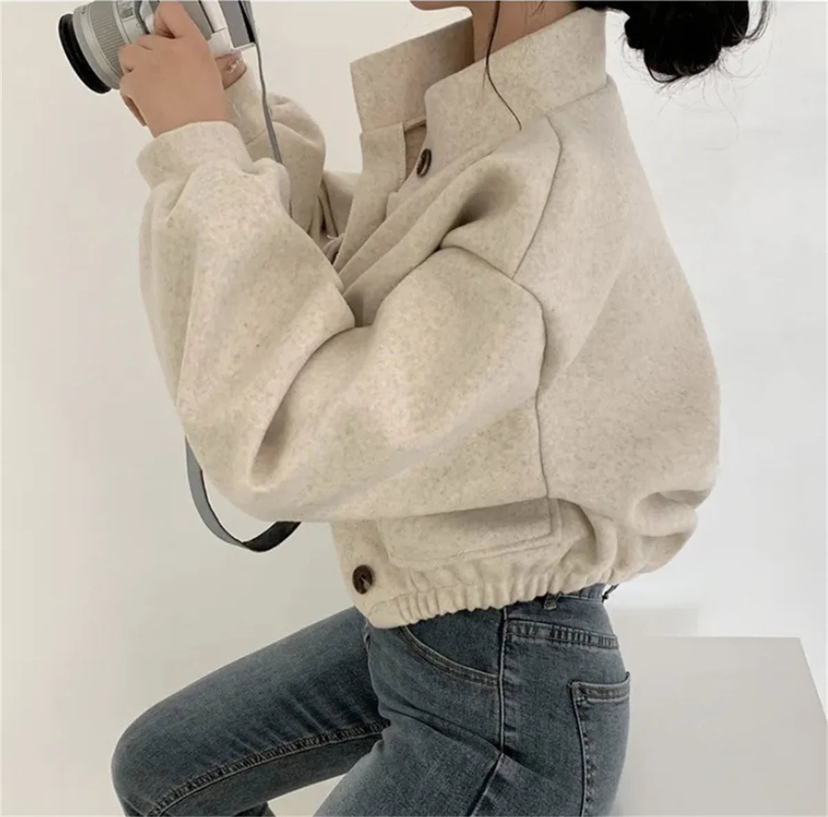 Korean Fashion Herbst Winter Mantel Frauen Neue In Stehen Neck Feste Taste Lose Jacke Dame Casual Straße Outwear Vintage Kleidung.