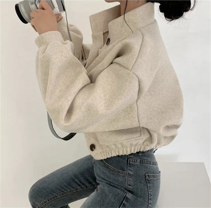 Korean Fashion Herbst Winter Mantel Frauen Neue In Stehen Neck Feste Taste Lose Jacke Dame Casual Straße Outwear Vintage Kleidung.