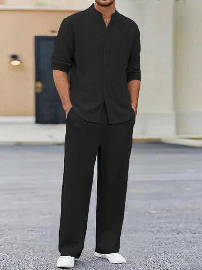 Summer Men's Two Pieces Casual Outfit Loungewear Solid Color Long Sleeves Shirt Breathable Trousers Suits Men Loose Streetwear.