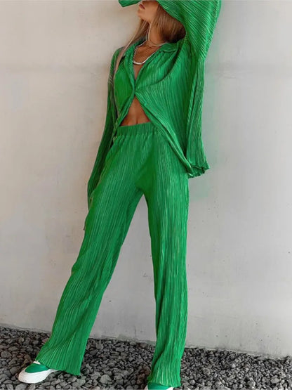 2024 Spring Autumn Women's New Solid Color Button Shirt Long Sleeve Drop Feel Loose Soft Wrinkle Casual Two Piece Set.