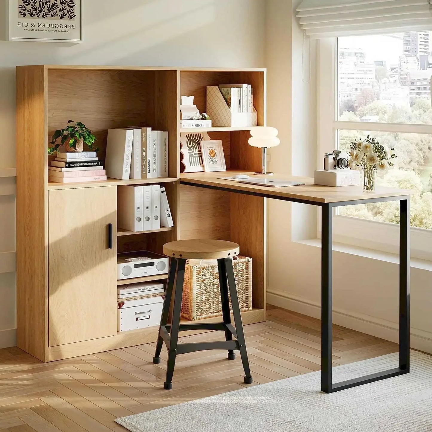 Computertisch Bücherregal-Tisch Schranktisch Arbeitstisch Schrank Schreibtisch Naturfarbe 120 cm (ohne Hocker)