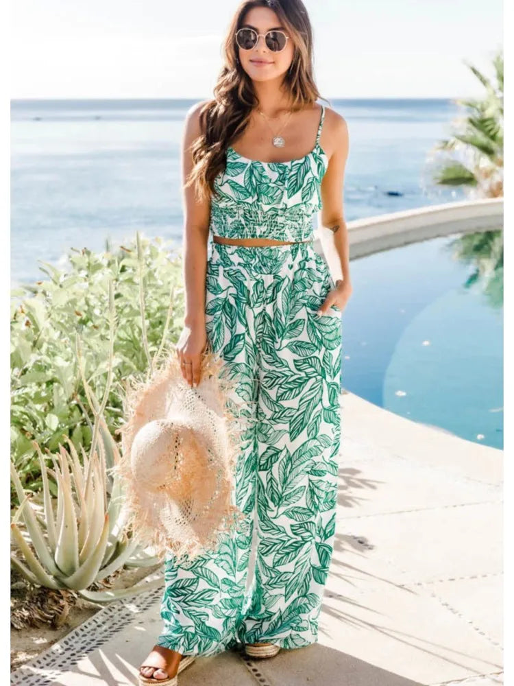 Women's Fashion Print Halter Sexy Short Top + Wide Leg Pant Suit Summer Casual Simple Sweet About Elegant Female Pant 2piece Set.