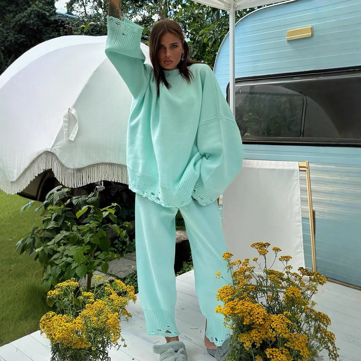 Two Piece Ripped Set Women Knit Tracksuits O Neck Long Sleeve Casual Baggy Sweatshirts+ Joggers Pants Outfits 2025 Fall Winter