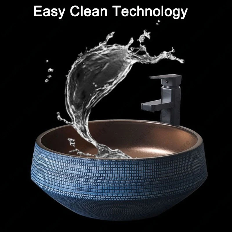 Understated Luxus-Waschbecken aus Metallglasur, Keramik, blaue Muster, Hotel- und Heimwaschbecken, kreative Kunst, Balkon-Waschbecken im Freien