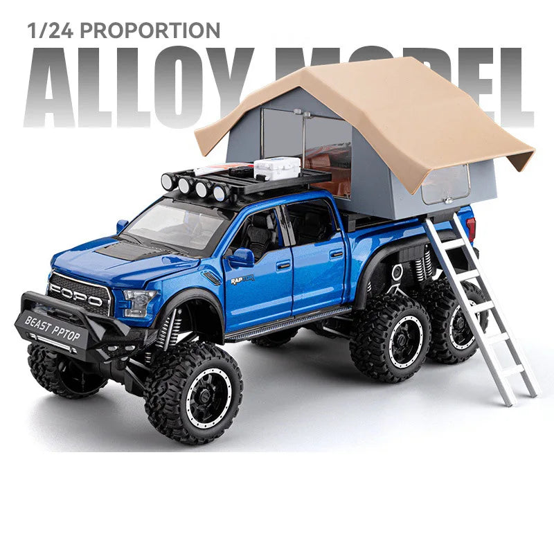 1/24 Scale Raptor F150 Alloy Cars Models Toys 6 Doors Opened Camping RV Diecast Model Light Sound Vehicle for Boys Birthday Gift.