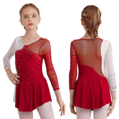 6-16Y Mädchen Eiskunstlauf Tanz Kleid Ballett Gymnastik Trikot Langarm Shiny Strass Sheer Mesh Leistung Dancewear