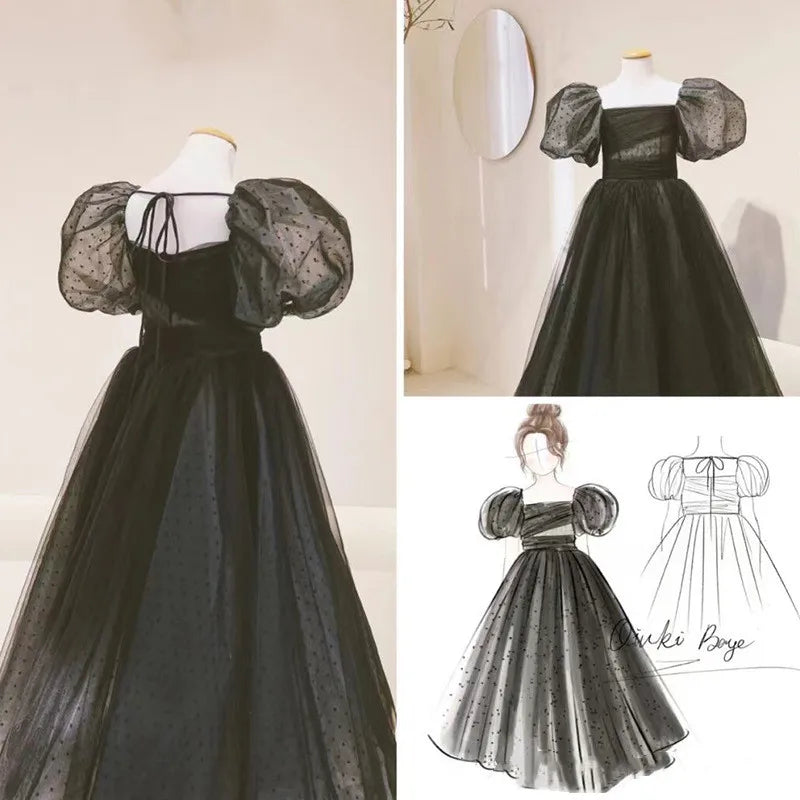Mädchen Abendkleid für Kinder Elegante Schwarz Vintage Puff Hülse Kleider Teenages Party Kleider Kinder Violine Leistung Vestidos.