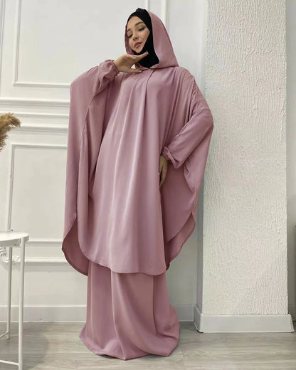 Eid Hooded Abaya 2 Piece Set Long Hijab Khimar Muslim Women Dress Prayer Jilbab Ramadan Gown Abayas Skirt Sets Islamic Clothes.