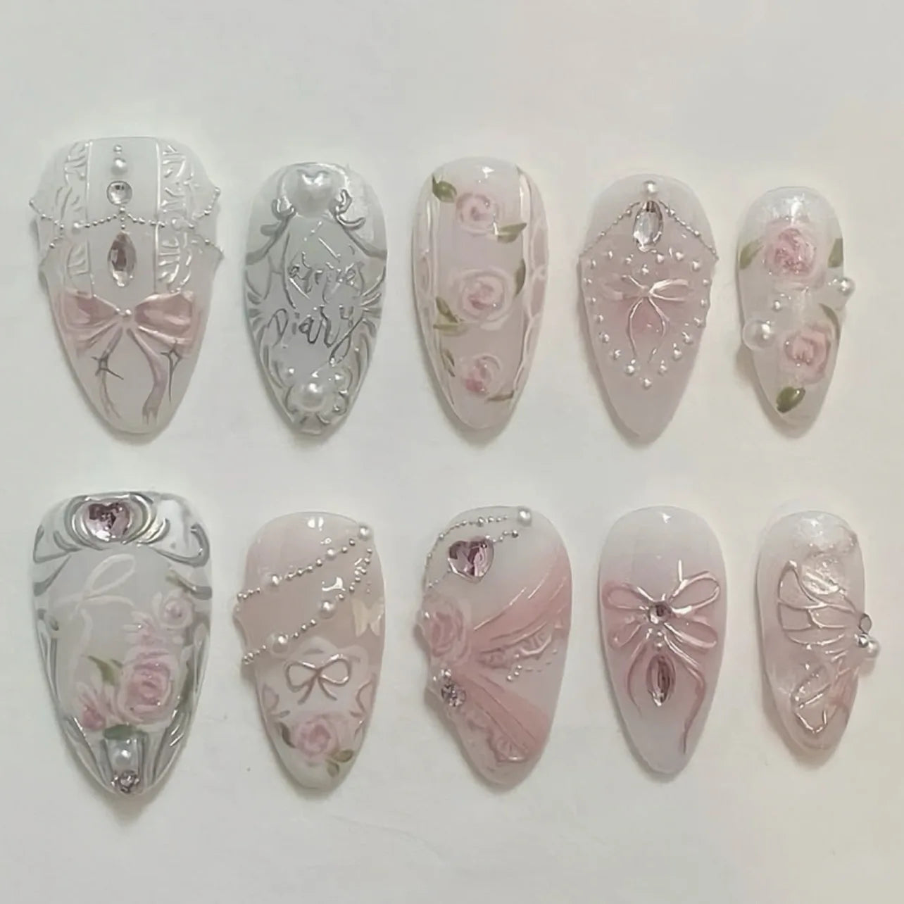24pcs Sweet False Nail Patches Detachable Fake Nail Tips With Bowknots Love Heart Pearl Design Pink Almond Korean Press On Nail.