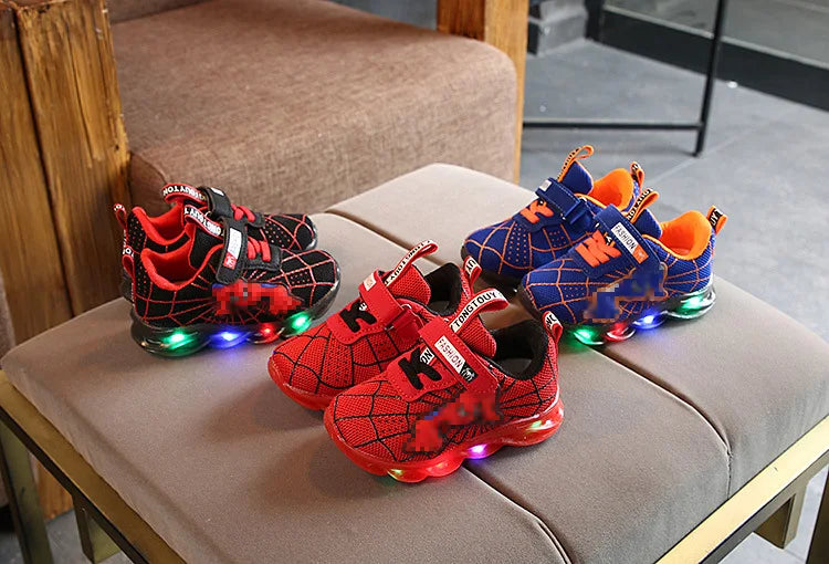 Disney LED Casual Sneakers Red Black For Spring Boys Spider-man Mesh Outdoor Shoes Children Lighted Non-slip Shoes Size 21-30.