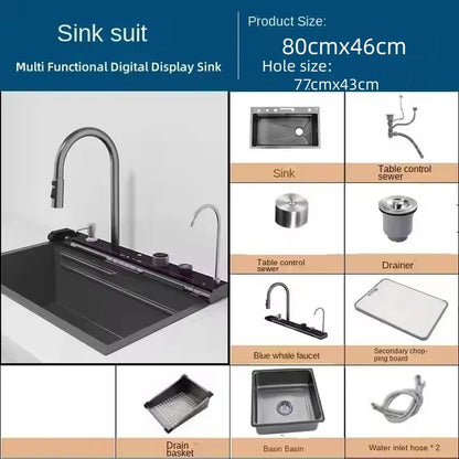 304 Edelstahl Wasserfall Küchen spüle große Einzels chlitz integrierte Digital anzeige Wasserhahn Set Seifensp ender Tasse Waschmaschine