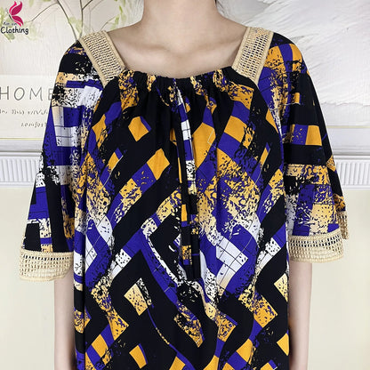 New Muslim Dubai Elegant Dress Summer Short Sleeve African Abaya Printing Cotton Loose Femme Robe Islamic Dresses With Scarf.