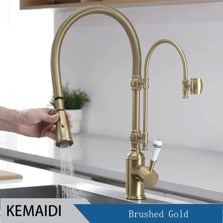 KEMAIDI Golden Spring Pull Down Kitchen Sink Faucet Hot & Cold Mixer Crane Tap with Dual Spout Deck Mounted Hot Cold Faucets