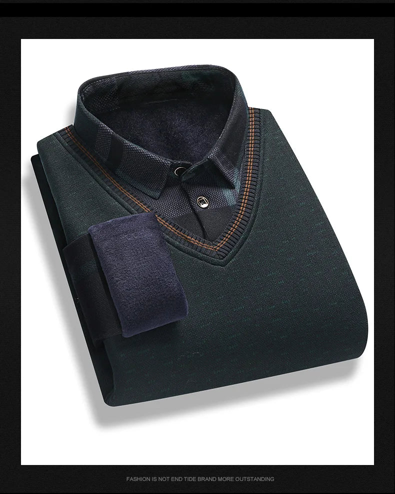 New Autumn Winter Sweaters Men's Velvet Pullover Knitted Bottom Shirts Men's Polo Pullover Wine Red Fleeced Knitwear.