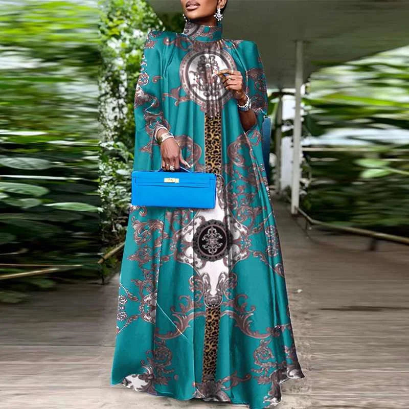 Plus Size 5XL VONDA Women Party Sundress Bohemian Stand Collar Sleeveless Print Maxi Dress Casual Bat Sleeve Satin Long Vestidos.