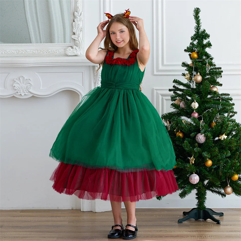 Mädchen Rot Grün Weihnachten Ballkleid Kinder Hochzeit Ball Party Abendkleid Prinzessin Vestido Kinder Karneval Leistung Kleidung.