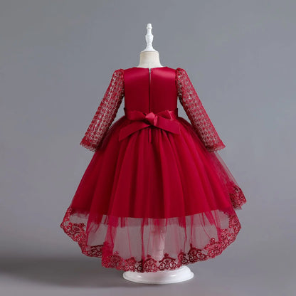 Party-Tüll-Kleider für Mädchen, langärmelig, Spitze, Perlen, nachgestelltes Prinzessinnenkleid für Kinder, Hochzeit, Geburtstag, Performance, Abendkleid.