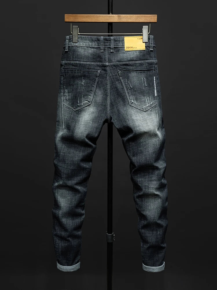 Fashion Ripped Men's Slim Straight Stretch Jeans Korean Personality Streetwear Denim Pants Classic Black Hip Hop Male Trousers.