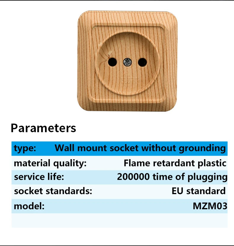 WESA Holz-Wandsteckdose, EU-Standard, Steckdose, Vintage-Imitation, Holzfarbe, Steckdose, flammhemmender Kunststoff.