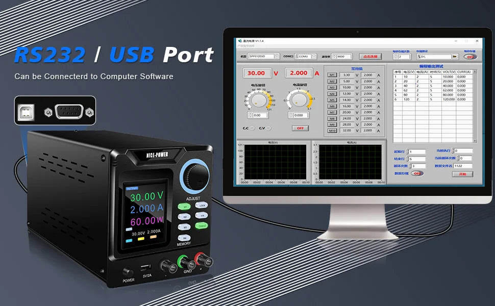 KUAIQU Programmable RS232 Communication DC Power Supply 30V 10A, Adjustable Laboratory Power Supply 60V 5A, 120V 3A, Edit Stored.
