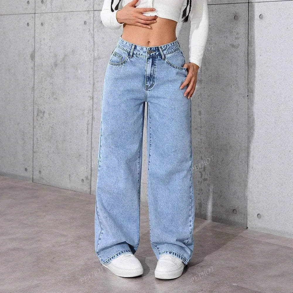 Fashionable Loose Women's Jeans High Waist Straight Leg Summer New Style Printed Trendy Cross-Border Denim Pants.