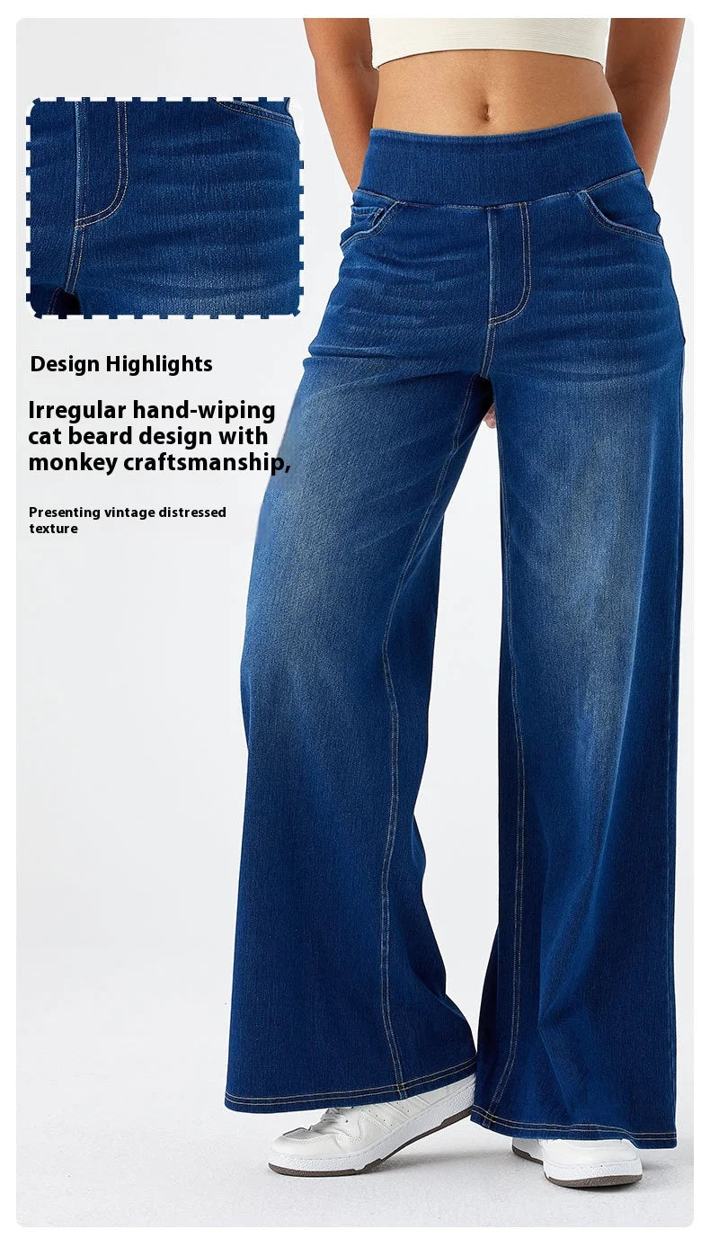 Women's New Large Size Denim Wide-Legged Trousers American High-Waisted Thin Straight Loose Casual Trousers Casual Jeans.
