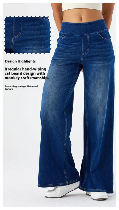 Women's New Large Size Denim Wide-Legged Trousers American High-Waisted Thin Straight Loose Casual Trousers Casual Jeans.