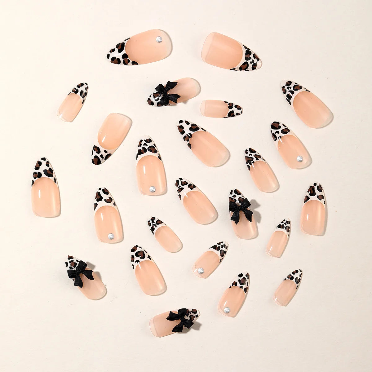 24pcs French Almond Press on Nails Leopard Print False Nails 3D Bow Wearable Stick-on Nails Fake Nail Uñas Накладные Ногти 네일팁.