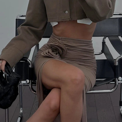 WhereMery Vintage Flower Applique High Split Long Skirt Sexy High-waist Ruched Solid Slim Skirts 2025 Casual Women's Short Drees.