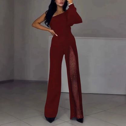 2025 Sping Summer Women's Jumpsuit Casual Comfortable Fashion Sexy Slanted Mesh Slightly Tilted Neck Office Jumpsuits.
