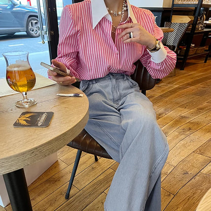 Jmprs Elegant Women Shirts Korean Striped Red Fashion Turn Down Collar Office Ladies Tops Long Sleeve Causal Female Blouse