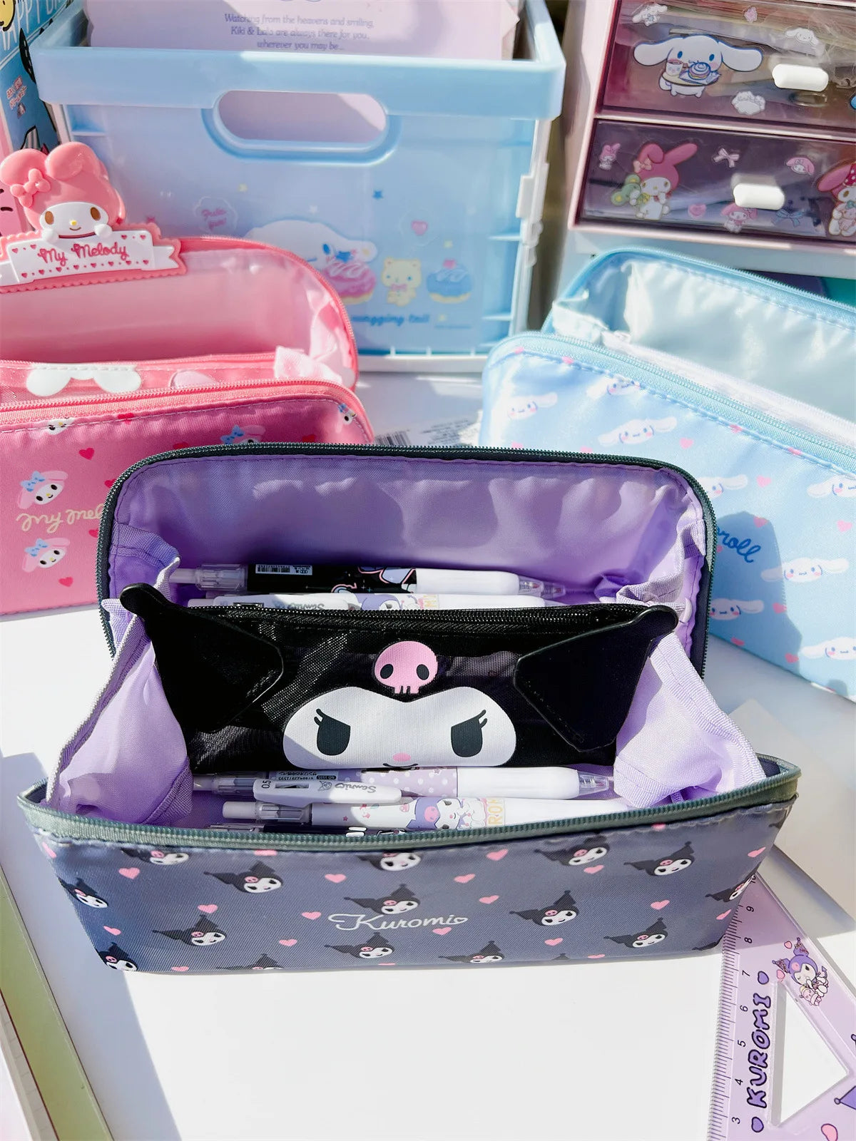 Sanrio Cinnamoroll Federmäppchen mit großem Fassungsvermögen, Hello Kitty Kuromi Melody, Kosmetiktaschen, Schreibwarentasche, Stiftbox, Schulbedarf.