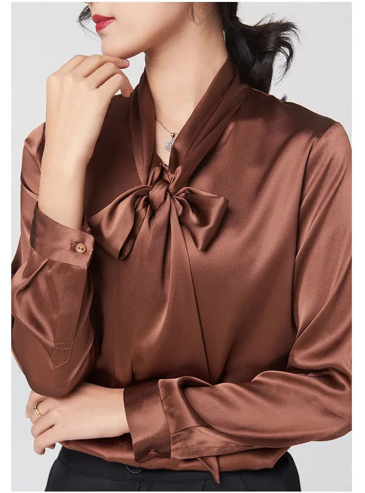 Heavyweight Mulberry Silk Shirt Women's 2025 Spring And Autumn New Long Sleeve Satin Silk Blouse V-neck Bow Ribbon Shirt.
