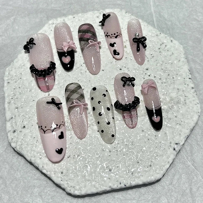 Black Pink Sweet French Almond Handmade Press On Nails Grid Polka Dot Love Skirt Ballet Fake Nails Princess Cute Bow Nail Art.