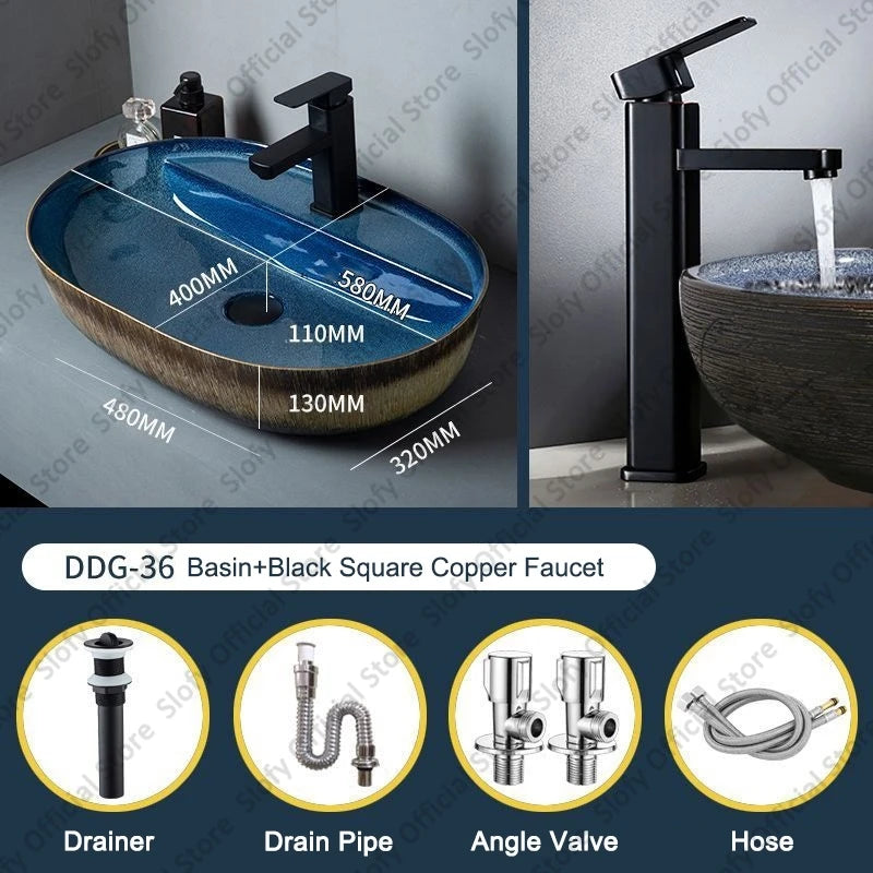 Vintage Elegant Countertop Washbasin Classic Blue Art Hotel Ceramic Basins Sink Multiple Styles Outdoor Balcony Bathroom Sinks