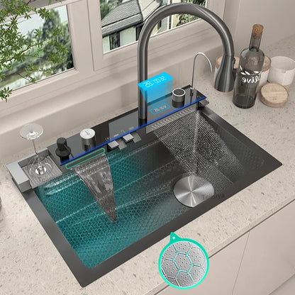 Stainless Steel Waterfall Kitchen Sink New With Draining Rack Digital Display Large Single Slot Dishwashing Sinks Wash Bowl