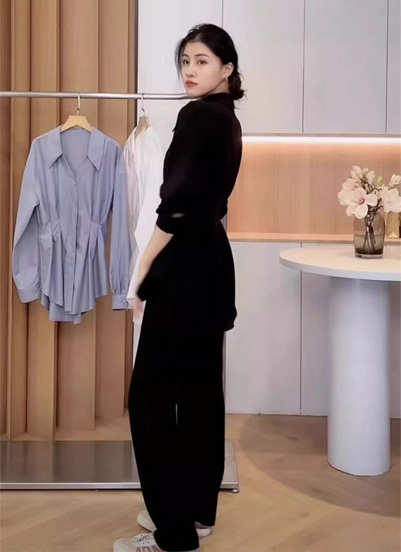 Waist Cinched Slimming Long Sleeve Shirts Women Spring Autumn All-Match Single Breasted Chic Shirt New Temperament Solid Tops.