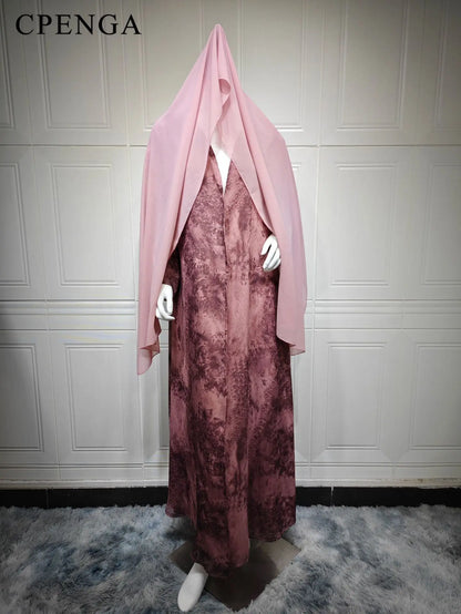 2025 sommer Arabisch Frauen Muslimische Kleidung Ramadan Dubai Offene Abaya Kleid mit Hijab Islam Gedruckt Chiffon 2 Stück Outfit.