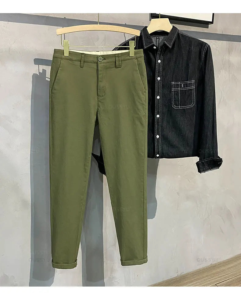 97%Cotton Autumn Winter Casual Pants Men Business Fashion Classic Solid Color Stretch Straigh Grey Khaki Brand Trousers Male 38.