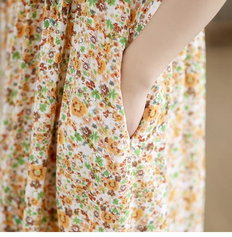 Kurzarm übergroße Baumwolle Satin Vintage Blumen neu in Kleidern für Frauen lässig lose lange Sommerkleid elegante Kleidung.